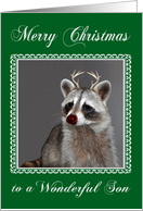 Christmas to Son, Raccoon with a red-nose and antlers in fancy frame card