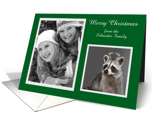 Christmas, custom name photo card, Raccoon with red-nose, antlers card