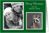 Christmas, custom name photo card, Raccoon with red-nose, antlers card