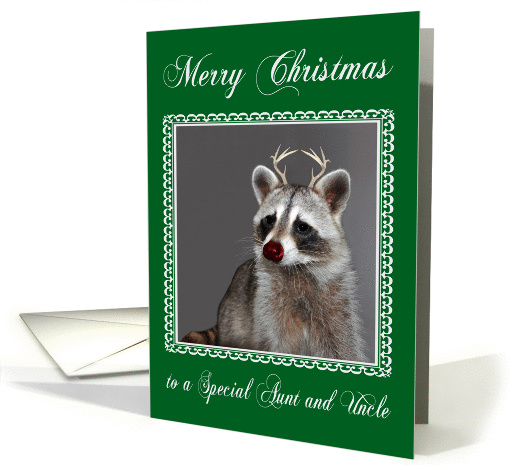 Christmas to Aunt And Uncle, Raccoon with red-nose and antlers card
