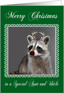 Christmas to Aunt And Uncle, Raccoon with red-nose and antlers card