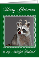Christmas to Husband, Raccoon with red-nose and antlers in frame card