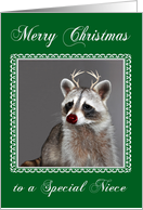 Christmas to Niece with a Raccoon with a Red-nose and Antlers card
