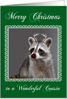 Christmas to Cousin, Raccoon with antlers and candy canes card