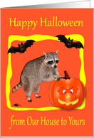 Halloween from Our House to Yours, Raccoon with jack-o-lantern, bats card