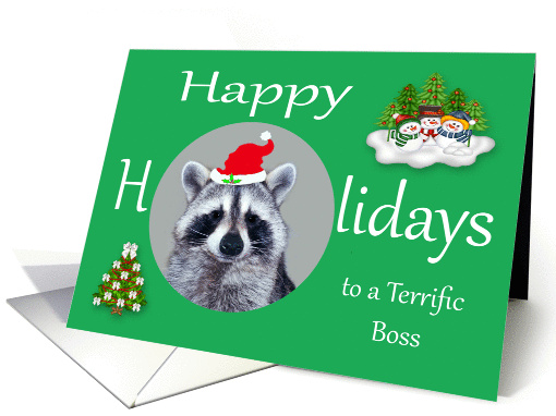 Happy Holidays to Boss, Raccoon wearing a Santa Claus Hat card