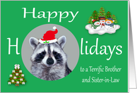 Happy Holidays Brother & Sister-in-Law, Raccoon, Santa Claus Hat card