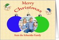 Christmas, custom name photo card, Ornaments and birds with hats card