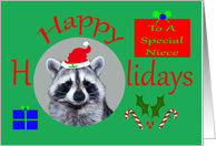 Happy Holidays To Niece, Raccoon wearing Santa Claus Hat with holly, presents, candy canes card