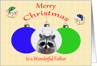 Christmas to Father, Raccoon with antlers and a colored nose, birds card