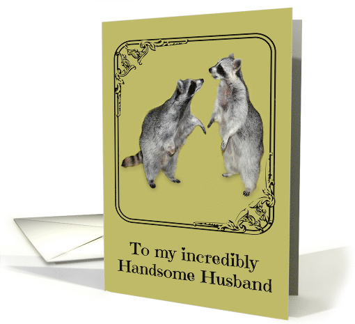 Wedding Anniversary to Husband with a Raccoon Looking at Another card