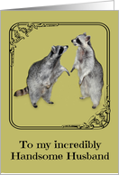 Wedding Anniversary to Husband with a Raccoon Looking at Another card