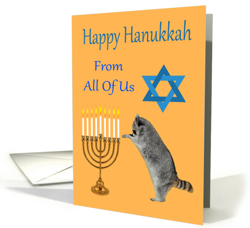 Hanukkah From All Of Us, Raccoon praying by a menorah with... (866433)