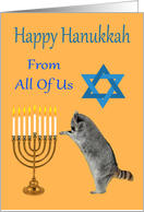 Hanukkah From All Of Us, Raccoon praying by a menorah with a Star Of David card