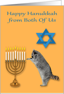 Hanukkah from Both Of Us, Raccoon praying by menorah, Star Of David card