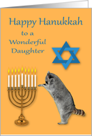 Hanukkah o Daughter with a Raccoon Praying by a Menorah card