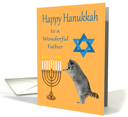 Hanukkah to Father with a Raccoon Praying by a Menorah on Gold card