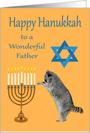 Hanukkah to Father with a Raccoon Praying by a Menorah on Gold card