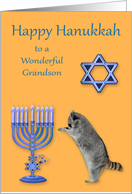 Hanukkah to Grandson Raccoon Praying by a Menorah Star Of David card