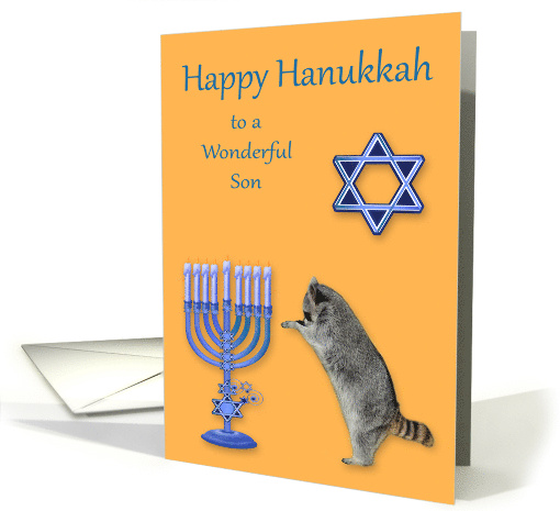 Hanukkah to Son Raccoon Praying by a Menorah and a Star Of David card
