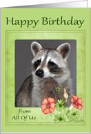 Birthday from All Of Us, beautiful raccoon portrait in frame, flowers card