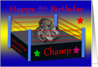 9th Birthday with Three Raccoons Wrestling in a Ring and Stars card