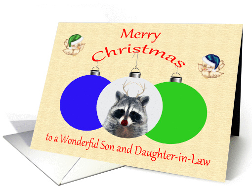 Christmas to Son and Daughter-in-Law, Raccoon with red-nose card