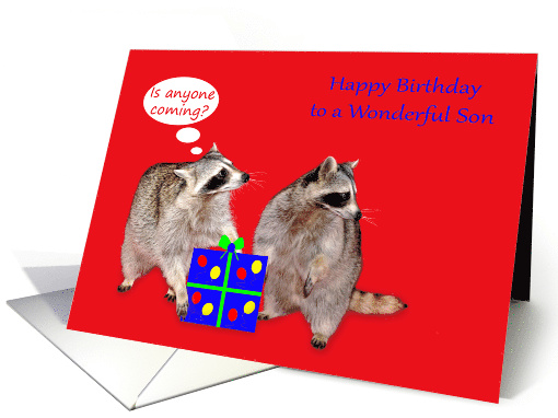 Birthday to Son Card wih adorable Raccoons Sealing a Present card