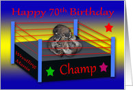 70th Birthday, Three raccoons wrestling in a ring with colorful stars card