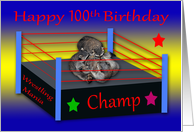 100th Birthday, Three adorable raccoons wrestling in a ring with stars card