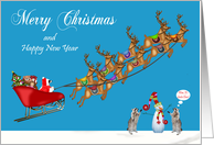 Christmas, general, Raccoons with sleigh, reindeer, snowman on blue card
