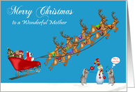 Christmas to Mother, Raccoons with sleigh, reindeer, snowman on blue card