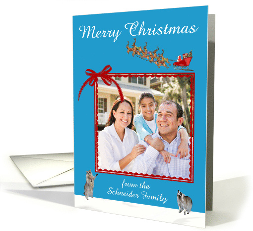 Christmas Custom Name Photo Card with Raccoons and a Sleigh card
