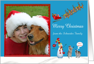 Christmas, custom name photo card, Raccoons with sleigh, reindeer card