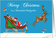 Christmas to Babysitter, Raccoon Santa Claus with deer in sleigh, blue card