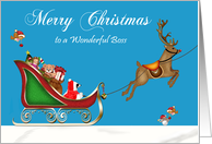 Christmas to Boss, Raccoon Santa Claus with deer in sleigh on blue card