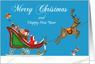 Christmas, general, Raccoon Santa Claus with deer in sleigh on blue card