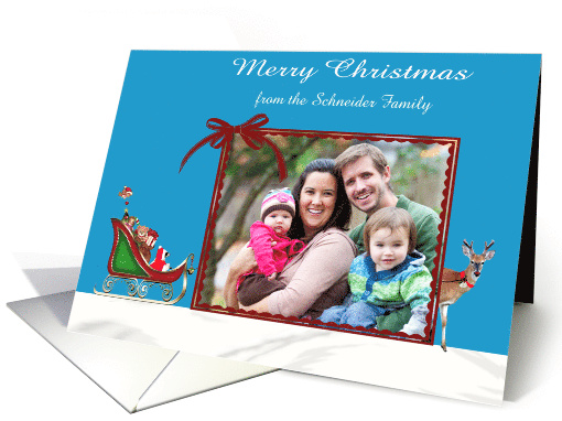 Christmas, custom name photo card, Raccoon with sleigh, reindeer card