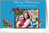 Christmas, custom name photo card, Raccoon with sleigh, reindeer card