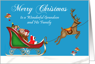 Christmas to Grandson and Family with a Raccoon Santa Claus in Sleigh card