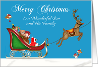 Christmas to Son and Family with a Raccoon Santa Claus in Sleigh card