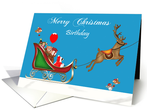 Birthday on Christmas with a Raccoon Santa Claus Driving a Sleigh card
