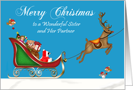 Christmas to Sister and Partner, Raccoon Santa Claus, sleigh on blue card