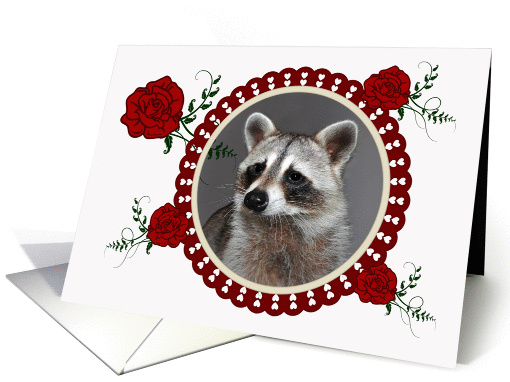 Blank Any Occasion Note Card, Raccoon in a heart frame with roses card