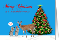 Christmas to Father, Raccoons with reindeer and decorated tree, blue card
