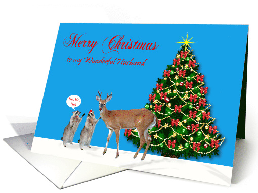 Christmas to Husband Raccoons with a Reindeer and Decorated Tree card