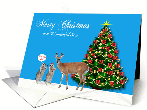 Christmas to Son, Raccoons with reindeer and decorated tree, blue card