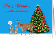 Christmas to Cousin, Raccoons with reindeer and decorated tree, blue card