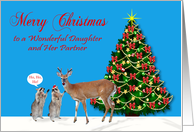 Christmas to Daughter and Partner Raccoons with a Reindeer and Tree card