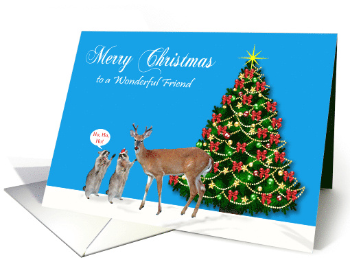 Christmas to Friend Raccoons with a Reindeer and a Decorated Tree card